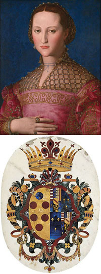 Eléonore de Tolède, par Bronzino – Armoiries des Grands Ducs de Toscane, mosaïque de pierres dures.